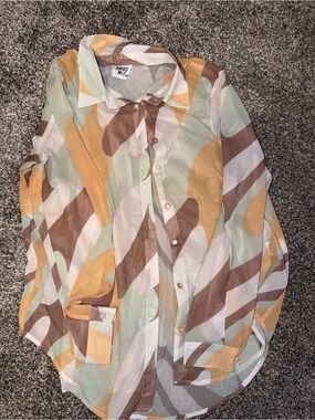 Multicolor Abstract Print Button-Up Blouse - Light Green, Mustard, Brown